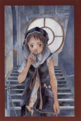Rule 34 | 1girl, blood, blood on clothes, brown hair, cable, dirty, dirty clothes, expressionless, highres, holding, hood, indoors, industrial pipe, looking at viewer, miura yasuto, mole, mole under eye, navel, no panties, original, pocket, rust, school uniform, shirt, short hair, short sleeves, skirt, solo, stairs, test tube, torn clothes, unbuttoned