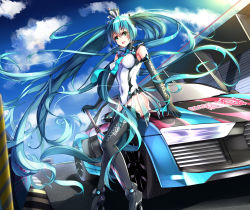 Rule 34 | 1girl, absurdly long hair, aqua hair, black footwear, black thighhighs, boots, car, closed umbrella, cloud, covered navel, day, elbow gloves, full body, gloves, goodsmile company, goodsmile racing, green eyes, hatsune miku, high heel boots, high heels, highres, leotard, long hair, looking at viewer, motor vehicle, necktie, open mouth, race queen, race vehicle, racecar, racing miku, racing miku (2013), ryuuzouji usagi, sitting, sky, solo, thigh boots, thighhighs, twintails, umbrella, very long hair, vocaloid