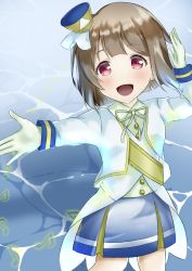 Rule 34 | 1girl, absurdres, artist name, artist request, bare legs, blue skirt, blush, bow, bowtie, breasts, brown hair, buttons, collared shirt, cropped jacket, dress, dress shirt, female focus, gloves, grey hair, hat, highres, jacket, light brown hair, long sleeves, looking at viewer, love live!, love live! nijigasaki high school idol club, love live! school idol festival, mini hat, miniskirt, musical note, nakasu kasumi, neck ribbon, nijiiro passion!, nijiiro passions! (love live!), ocean, parted lips, plaid, plaid skirt, pleated, pleated skirt, rainbow-colored passions!, red eyes, ribbon, salute, sash, shako cap, shirt, short hair, skirt, sleeve cuffs, small breasts, smile, solo, white gloves, white jacket, white ribbon, white shirt, yellow bow, yellow ribbon, yellow sash