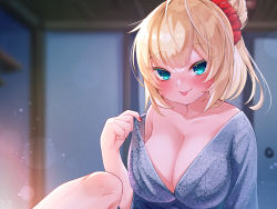 Rule 34 | 1girl, :p, akai haato, aqua eyes, blonde hair, blue kimono, blush, breasts, cleavage, collarbone, commentary request, dated, floral print, highres, hololive, indoors, japanese clothes, kimono, knee up, large breasts, looking at viewer, magowasabi, nail polish, off shoulder, print kimono, red nails, scrunchie, signature, smile, solo, tongue, tongue out, virtual youtuber
