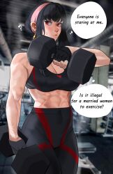 Rule 34 | 1girl, ?, abs, black hair, blush, breasts, dumbbell, earrings, english text, fingerless gloves, gloves, gym, hairband, highres, hong doo, jewelry, large breasts, long hair, looking to the side, muscular, muscular female, pants, photo background, red eyes, solo, spy x family, steam, sweat, thought bubble, tight clothes, tight pants, veins, veiny arms, yor briar