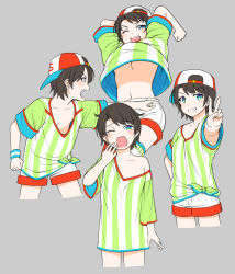 Rule 34 | 1girl, ;d, ;o, baseball cap, black hair, blue eyes, breasts, commentary, downblouse, fang, grey background, grin, hat, hololive, jumping, medium breasts, multiple views, no bra, noise (tsuzuki), off shoulder, one eye closed, oozora subaru, oozora subaru (1st costume), open mouth, shirt, short hair, shorts, simple background, skin fang, sleeves rolled up, smile, striped clothes, striped shirt, tears, tied shirt, tomboy, underboob, upshirt, v, vertical-striped clothes, vertical-striped shirt, virtual youtuber, yawning