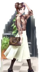 Rule 34 | 1girl, arm up, bag, black bag, black footwear, black pantyhose, braid, brown eyes, brown hair, brown shirt, closed mouth, collared shirt, commentary request, contemporary, day, double bun, earrings, hair bun, hand on own head, handbag, highres, jewelry, long sleeves, looking at viewer, mitsugu, naruto, naruto (series), pantyhose, pocket, shirt, signature, simple background, skirt, solo, standing, sunlight, tenten (naruto), walking, white background, white skirt