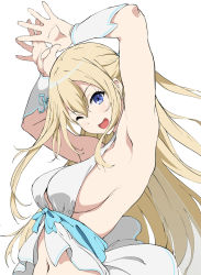 Rule 34 | 10s, 1girl, ;d, amagi brilliant park, anime coloring, armpit focus, armpits, arms up, blonde hair, blue eyes, bow, breasts, detached sleeves, flat color, hair between eyes, halterneck, highres, large breasts, long hair, navel, official style, one eye closed, open mouth, sideboob, simple background, smile, solo, split mouth, sylphy (amaburi), tongue, upper body, very long hair, waist bow, white background, yoshiki360