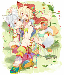 2boys animal_ears blonde_hair blue_hair bracelet cat_boy cat_ears cat_tail full_body hat jewelry male_focus multiple_boys nail_polish nature open_mouth original plant red_eyes ribbon short_hair tail thighhighs touyama_soboro yellow_eyes