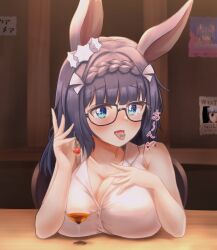 Rule 34 | akiyama neo, alternate costume, alternate hairstyle, animal ears, black hair, blue eyes, blurry, blurry background, blush, braid, breast rest, breasts, cherry, collarbone, commentary request, crown braid, cup, drinking glass, food, fruit, glasses, highres, horse ears, horse girl, large breasts, looking at viewer, portrait, poster (object), saliva, sleeveless, table, tongue, tongue out, umamusume, wine glass, zenno rob roy (umamusume)