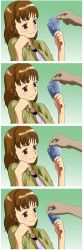 Rule 34 | 4koma, absurdres, brown eyes, brown hair, card, comic, face, head rest, highres, holding, holding card, jpeg artifacts, playing card, rokusho, silent comic, sweat