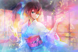 Rule 34 | 1girl, 888myrrh888, blue bow, blue kimono, bow, brown hair, closed mouth, commentary request, green eyes, hair between eyes, hair bow, hand up, high ponytail, highres, indoors, japanese clothes, kimono, long hair, long sleeves, looking at viewer, obi, original, ponytail, sash, solo, very long hair, wide sleeves