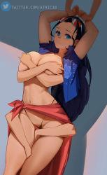 Rule 34 | 1girl, arms up, atric18, black hair, black panties, blue eyes, blue vest, breasts, closed mouth, clothing aside, collared vest, commentary, covering privates, covering breasts, extra arms, eyewear on head, floral print, hana hana no mi, highleg, highleg panties, highres, large breasts, legs together, long hair, looking at viewer, navel, nico robin, no bra, one piece, open clothes, open vest, panties, panties aside, print vest, sarong, solo, standing, sunlight, twitter logo, twitter username, underwear, vest, watermark, web address