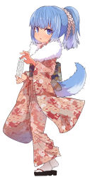 Rule 34 | 1girl, :o, blue hair, blush, dog tail, floral print, from side, full body, fur trim, hair ornament, highres, holding, inu-t, japanese clothes, kimono, long sleeves, looking at viewer, looking to the side, obi, parted lips, pink kimono, platform footwear, ponytail, purple eyes, sandals, sash, simple background, socks, solo, standing, sumiyao (amam), tail, white background, white socks