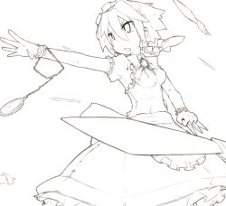Rule 34 | 1girl, apron, arm garter, bad id, bad pixiv id, breasts, brooch, clock, dress, female focus, frilled dress, frills, izayoi sakuya, jewelry, katsudansou, knife, maid, maid apron, maid headdress, monochrome, open mouth, outstretched arm, outstretched hand, pocket watch, short hair, solo, throwing knife, touhou, watch, weapon, white background