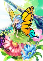 Rule 34 | 1girl, antennae, aqua hair, barefoot, blue flower, brown eyes, butterfly wings, day, dress, eternity larva, fairy, flower, green dress, hair between eyes, highres, insect wings, leaf, leaf on head, multicolored clothes, multicolored dress, open mouth, pink flower, short hair, short sleeves, single strap, solo, touhou, wings, zhu xiang
