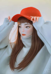 Rule 34 | 1girl, adjusting clothes, adjusting headwear, artist name, brown eyes, brown hair, closed mouth, commentary, dated, geo siador, hat, highres, lips, long hair, long sleeves, looking afar, nose, original, red hat, red lips, signature, sleeves past wrists, solo, sweater, turtleneck, turtleneck sweater, upper body, white sweater