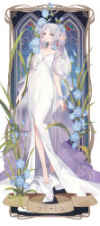 1girl absurdres alternate_costume aryarwr bare_shoulders blue_flower clothing_request collarbone commentary_request dress earrings elf floating flower frieren full_body green_eyes highres holding holding_leaf jewelry leaf long_dress long_hair parted_lips pointy_ears solo sousou_no_frieren stained_glass strapless strapless_dress twintails white_dress white_hair