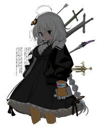 Rule 34 | 1girl, absurdres, ahoge, arms at sides, arrow (projectile), arrow in body, arrow in head, black dress, black eyes, black jacket, bracelet, braid, breasts, collared shirt, copyright request, cropped legs, cross tie, dress, empty eyes, flask, gloves, hair ornament, highres, holding, holding flask, jacket, jacket partially removed, jewelry, kizuna akari, knifed, kokaki mumose, large breasts, long sleeves, looking ahead, microphone, mirrored text, no pupils, object through head, open mouth, orange gloves, orange pantyhose, pantyhose, rainbow gradient, shirt, sidelighting, sleeveless, sleeveless dress, solid eyes, solo, striped clothes, striped gloves, striped pantyhose, striped shirt, sword, twin braids, upper body, upturned eyes, vertical-striped clothes, vertical-striped gloves, vertical-striped pantyhose, vertical-striped shirt, voiceroid, warframe, weapon, white hair, white shirt