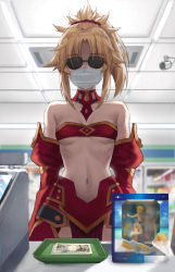 Rule 34 | 1girl, arms at sides, artoria pendragon (fate), artoria pendragon (swimsuit archer) (fate), artoria pendragon (swimsuit archer) (first ascension) (fate), bandeau, banknote, bare shoulders, black-framed eyewear, blonde hair, blurry, blurry background, breasts, cash register, convenience store, covered mouth, cowboy shot, detached collar, detached sleeves, facing viewer, fate/apocrypha, fate (series), female focus, figure, high ponytail, highres, indoors, mask, money, mordred (fate), mordred (fate/apocrypha), mouth mask, navel, parted bangs, shop, small breasts, solo, sunglasses, surgical mask, tonee, underboob, upper body, yen