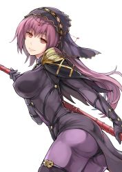 Rule 34 | 1girl, armor, ass, bodysuit, breasts, covered navel, fate/grand order, fate (series), gae bolg (fate), large breasts, long hair, looking at viewer, pauldrons, polearm, purple bodysuit, purple hair, red eyes, scathach (fate), shoulder armor, simple background, smile, solo, spear, veil, weapon, white background, yuugiri (u-slash)