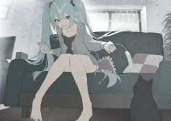 Rule 34 | 1girl, animal, aqua eyes, aqua hair, aqua nails, barefoot, black cat, cat, cat teaser, cattail, clock, couch, curtains, drawstring, flat chest, from below, hair ornament, hair scrunchie, hatsune miku, holding, holding phone, hood, hood down, hooded jacket, indoors, jacket, knees together feet apart, leaning forward, long hair, long sleeves, looking at animal, looking away, looking down, monitor, nail polish, open clothes, open jacket, pale skin, phone, pillow, plant, playing, scrunchie, sitting, smile, speaker, suzukou, toenail polish, toenails, twintails, very long hair, vocaloid, window