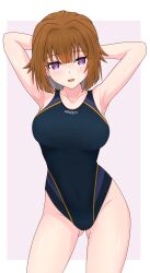 Rule 34 | 1girl, alternate costume, arms behind head, border, breasts, brown hair, competition swimsuit, covered navel, girls&#039; frontline, gluteal fold, gotoo, grizzly mkv (girls&#039; frontline), highleg, highleg swimsuit, highres, large breasts, light blush, looking at viewer, medium hair, one-piece swimsuit, outside border, purple background, purple eyes, smile, solo, swimsuit, thighs, white background, white border