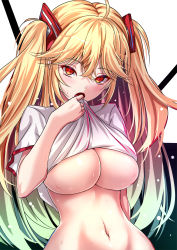 Rule 34 | 1girl, ahoge, akeyama kitsune, arm behind back, azur lane, black background, blonde hair, bluecher (azur lane), blush, breasts, clothes lift, crossed bangs, dot nose, gradient hair, hair between eyes, hand up, lifted by self, long hair, looking at viewer, multicolored hair, navel, no bra, open mouth, shirt, shirt lift, short sleeves, skindentation, solo, sweat, two side up, underboob, very long hair, white background, white shirt, wide hips