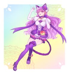 Rule 34 | 1girl, animal ears, anklet, artist name, blunt bangs, boots, bow, cat ears, cat tail, choker, commentary request, cure macaron, doily, dress, dress bow, earrings, elbow gloves, extra ears, floating, food-themed hair ornament, frilled sleeves, frills, gloves, hair ornament, half-closed eyes, high heel boots, high heels, highres, jewelry, kirakira precure a la mode, kotozume yukari, long hair, looking at viewer, macaron hair ornament, magical girl, open mouth, paw pose, pouch, precure, puffy short sleeves, puffy sleeves, purple choker, purple dress, purple eyes, purple footwear, purple hair, rakend, short dress, short sleeves, signature, smile, solo, tail, thigh boots, two-tone dress, white dress, white gloves
