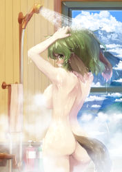 Rule 34 | 1girl, animal ears, armpits, arms up, ass, back, bathing, bathroom, blush, bottle, breasts, censored, cloud, convenient censoring, day, from behind, green eyes, green hair, highres, indoors, kasodani kyouko, large breasts, looking at viewer, looking back, matching hair/eyes, mountain, nipples, nude, ocean, open mouth, sakimori dan, short hair, shoulder blades, showering, sky, solo, steam, steam censor, tail, touhou, towel, washing hair, water, wet, wet hair, window