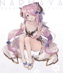 Rule 34 | 1girl, absurdres, blue eyes, breasts, character name, cleavage, copyright name, draph, enomoto hina, frills, granblue fantasy, hair over one eye, hands up, highres, horns, knees up, large breasts, light purple hair, long hair, low tied hair, narmaya (granblue fantasy), narmaya (summer) (granblue fantasy), open mouth, purple hair, sandals, smile, solo, very long hair, white footwear