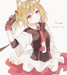 Rule 34 | 1girl, animal ear fluff, animal ears, arknights, black gloves, black jacket, blonde hair, blush, bow, character name, collar, commentary request, cowboy shot, dated, figmnts, frilled skirt, frills, gloves, hair bow, hand in own hair, highres, jacket, looking at viewer, medium hair, necktie, parted lips, red eyes, red necktie, red skirt, short sleeves, signature, simple background, skirt, solo, sora (arknights), twintails, white background, white collar, white skirt, wolf ears