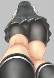 Rule 34 | 10s, 1girl, ass, bad id, bad pixiv id, bike shorts, black hair, commentary request, from below, highres, kantai collection, kneepits, kuroshio (kancolle), panties under bike shorts, short hair, skirt, solo, terakoya, trefoil, vest