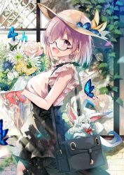 Rule 34 | 2girls, alternate costume, bag, black skirt, blouse, blush, bouquet, breasts, bug, butterfly, casual, character request, commentary, creature, day, english commentary, fate/grand order, fate (series), flower, fou (fate), fujimaru ritsuka (female), fujimaru ritsuka (male), glasses, glasses over hair, hair over one eye, high-waist skirt, highres, hirai yuzuki, holding, holding bouquet, insect, large breasts, looking at viewer, mash kyrielight, md5 mismatch, multiple girls, open mouth, outdoors, pink shirt, purple eyes, purple hair, resolution mismatch, semi-rimless eyewear, shirt, short hair, short sleeves, shoulder bag, skirt, smile, source smaller, walking, window