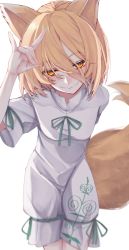 Rule 34 | 1girl, absurdres, animal ears, arm behind back, blonde hair, breasts, closed mouth, fang, feet out of frame, fox ears, fox shadow puppet, fox tail, hair between eyes, hand up, highres, jumpsuit, kudamaki tsukasa, leaning forward, looking at viewer, romper, short hair, simple background, skin fang, small breasts, solo, standing, tail, touhou, tsune (tune), white background, white jumpsuit, yellow eyes