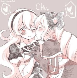 Rule 34 | 2girls, armor, closed eyes, closed mouth, corrin (female) (fire emblem), corrin (fire emblem), elise (fire emblem), eromame, fire emblem, fire emblem fates, from side, grey background, hairband, holding hands, long hair, long sleeves, monochrome, multiple girls, nintendo, one eye closed, pointy ears, simple background, smile, yuri