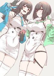 Rule 34 | 2girls, absurdres, atago (blue oath), black gloves, black hair, blue jacket, blue neckwear, blue oath, blush, bob cut, breasts, cellphone, cleavage, dress, gloves, green jacket, green neckwear, grey background, highres, holding, holding phone, jacket, large breasts, long hair, multiple girls, off shoulder, open mouth, phone, short hair, simple background, smartphone, smile, takao (blue oath), v, white dress, white gloves, whoosaku