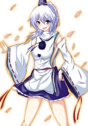 Rule 34 | 1girl, bare shoulders, blue eyes, detached sleeves, hand on own hip, hat, japanese clothes, mononobe no futo, naba (take tonbo), petals, silver hair, solo, tate eboshi, touhou, wide sleeves
