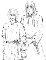 Rule 34 | 2boys, belt, belt buckle, blunt bangs, buckle, canute, closed mouth, hair between eyes, height difference, long hair, looking at viewer, male focus, march tai, monochrome, multiple boys, nervous, prince, sidelocks, sketch, sweat, thorfinn, tunic, viking, vinland saga
