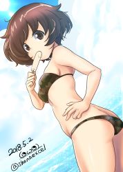 Rule 34 | 10s, 1girl, absurdres, akiyama yukari, artist name, ass, bikini, breasts, brown eyes, brown hair, butt crack, camouflage, camouflage bikini, cloud, cloudy sky, commentary request, cowboy shot, dated, day, food, food in mouth, from behind, girls und panzer, green bikini, hand on own hip, highres, looking at viewer, looking back, lowleg, lowleg bikini, medium breasts, messy hair, one-hour drawing challenge, outdoors, popsicle, shiina excel, short hair, signature, skindentation, sky, solo, sparkle, standing, sun, sunlight, swimsuit, twitter username