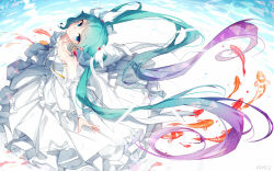 Rule 34 | 1girl, aqua eyes, aqua hair, collarbone, dress, earrings, fish, floating hair, from above, hatsune miku, highres, jewelry, long hair, looking at viewer, qys3, solo, twintails, very long hair, vocaloid, white dress