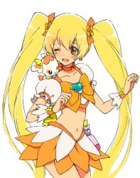 Rule 34 | 10s, 1girl, bad id, bad pixiv id, blonde hair, bow, brooch, cure sunshine, hair ribbon, heart, heart brooch, heartcatch precure!, hirosuke, hirosuke (psychexx), jewelry, long hair, magical girl, midriff, myoudouin itsuki, navel, one eye closed, open mouth, orange bow, potpourri (heartcatch precure!), precure, ribbon, skirt, solo, twintails, wink, yellow bow, yellow eyes