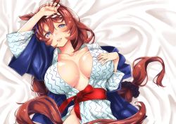 Rule 34 | 1girl, absurdres, animal ears, artist request, bath yukata, bed sheet, blue eyes, blush, bow, breasts, breasts apart, brown hair, commentary request, ear ribbon, hanten (clothes), highres, horse ears, horse girl, horse tail, japanese clothes, kimono, large breasts, long hair, looking at viewer, lying, on back, on bed, open clothes, open kimono, solo, super creek (umamusume), sweat, tail, umamusume, very long hair, yukata