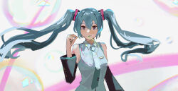 Rule 34 | 1girl, aqua hair, aqua necktie, bare shoulders, black sleeves, bubble, blowing bubbles, bubble wand, commentary, dated commentary, detached sleeves, floating hair, grey eyes, hair ornament, hand up, hatsune miku, highres, holding, long hair, looking at viewer, necktie, potatomochii, shirt, sleeveless, sleeveless shirt, solo, twintails, upper body, very long hair, vocaloid, white shirt