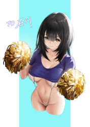 Rule 34 | 1girl, black hair, blue background, blue shirt, breasts, brown eyes, closed mouth, commission, crop top, cropped legs, groin, highres, holding, large breasts, long hair, looking at viewer, najiu jiao xiaolan ba, navel, original, pom pom (cheerleading), shirt, short sleeves, slingshot swimsuit, smile, solo, stomach, swimsuit, swimsuit under clothes, two-tone background, white background, white slingshot swimsuit