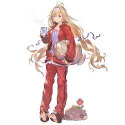 Rule 34 | 1girl, alternate costume, barefoot, blonde hair, blue eyes, bow, cup, dress, flower, gown, granblue fantasy, hair flower, hair ornament, hair ribbon, hairband, jacket, jeanne d&#039;arc (granblue fantasy), long hair, looking at viewer, mole (animal), official art, pants, pillow, pink bow, ribbon, simple background, smile, solo, track jacket, track pants, track suit, transparent background, very long hair