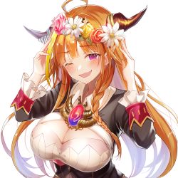 Rule 34 | 1girl, ;d, absurdres, ahoge, bad id, bad pixiv id, black jacket, blonde hair, blunt bangs, bow, breasts, cleavage, dragon girl, dragon horns, framed breasts, frilled sleeves, frills, head wreath, highres, hololive, horn bow, horn ornament, horns, huge filesize, jacket, kiryu coco, kiryu coco (1st costume), large breasts, long hair, long sleeves, looking at viewer, one eye closed, open mouth, orange hair, pointy ears, red eyes, shirohato nui, shirt, smile, solo, tearing up, virtual youtuber, white shirt