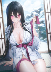 Rule 34 | 1girl, architecture, arm support, black hair, blush, bow, breasts, cleavage, collarbone, cowboy shot, crossed bangs, cup, day, drink, dutch angle, east asian architecture, grin, hair between eyes, hand up, highres, holding, indoors, large breasts, leaf print, lichiko, long hair, nail polish, no panties, on floor, open door, original, pink nails, red bow, red eyes, red sash, robe, sash, sidelocks, sitting, smile, snow, straight hair, thighs, tree, very long hair, water, wet, white robe, winter