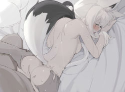 Rule 34 | 1boy, 1girl, animal ears, ass, ass grab, bed sheet, breasts, completely nude, doggystyle, fox ears, fox girl, fox tail, from behind, hetero, hololive, kujira pasta, long hair, medium breasts, nipples, nude, sex, sex from behind, shirakami fubuki, solo focus, sweat, tail, virtual youtuber, white hair