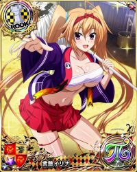 Rule 34 | 1girl, breasts, card (medium), chess piece, cleavage, female focus, high school dxd, highres, large breasts, long hair, looking at viewer, navel, official art, open mouth, orange hair, purple eyes, rook (chess), shidou irina, skirt, smile, solo, twintails, underboob