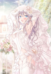 Rule 34 | 1girl, :d, armpits, arms behind head, arms up, blue eyes, blush, bouquet, breasts, bridal lingerie, bridal veil, bride, cleavage, cloud, collarbone, commentary, cowboy shot, detached sleeves, dress, floral print, flower, garter belt, garter straps, grey hair, hair between eyes, hoshino koucha, jewelry, lingerie, long bangs, long hair, looking at viewer, melonbooks, necklace, open mouth, outdoors, panties, railing, shadow, sky, smile, solo, thighs, underwear, veil, wedding dress, white dress, white legwear, white panties