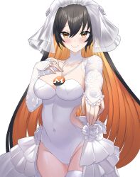 Rule 34 | 1girl, absurdres, black hair, breasts, bridal veil, brown eyes, cleavage, covered navel, dress, highres, large breasts, long hair, looking at viewer, medium breasts, monero-chan, multicolored hair, orange hair, original, second-party source, senbon tsuki, solo, tachi-e, thighhighs, transparent background, veil, wedding dress, white thighhighs