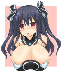 10s 1girl black_hair blush breasts female_focus hair_ornament huge_breasts kosen_dream long_hair neptune_(series) red_eyes sidelocks solo uni_(neptunia)