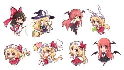 Rule 34 | &gt;:d, 4girls, :d, :o, ;d, ^ ^, absurdres, balloon, bat wings, black legwear, blonde hair, blush, bow, braid, broom, broom riding, brown hair, chibi, closed eyes, clover, collared shirt, detached sleeves, dress shirt, flandre scarlet, four-leaf clover, full body, hair between eyes, hair bow, hair tubes, hakurei reimu, hat, hat bow, hat ribbon, hat with ears, head wings, heart balloon, highres, holding, kirisame marisa, koakuma, large bow, long hair, looking at viewer, looking back, mini-hakkero, mob cap, multiple girls, necktie, no wings, nontraditional miko, one eye closed, open mouth, partially colored, red eyes, red hair, red necktie, ribbon, seiza, shirt, shoes, side braid, side ponytail, simple background, single braid, sitting, skirt, skirt set, smile, star (symbol), stuffed animal, stuffed rabbit, stuffed toy, touhou, v, v-shaped eyebrows, v arms, white background, white shirt, wide sleeves, wings, witch hat, yada (xxxadaman)
